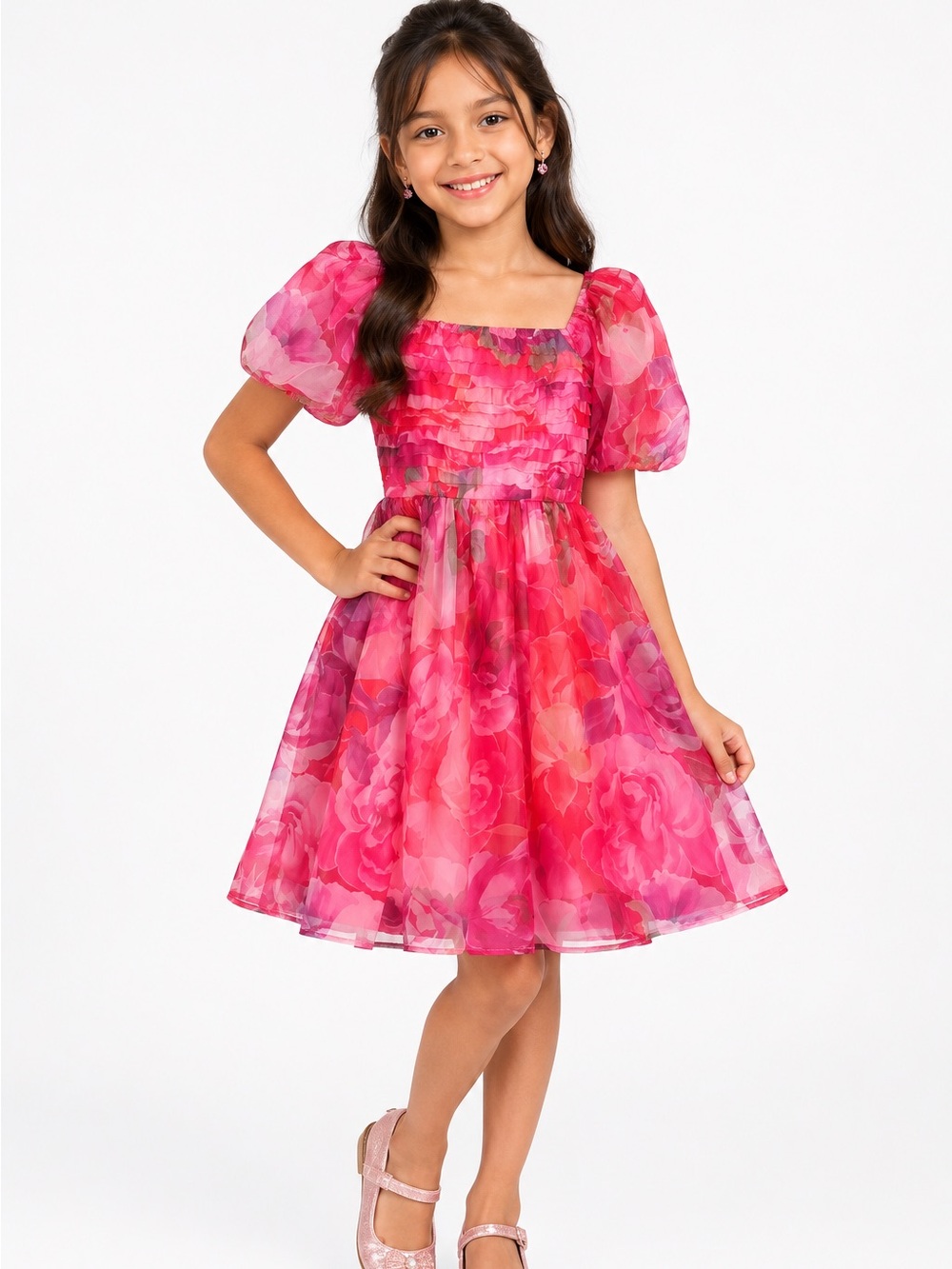 by & by Red and Pink Floral Puff-Sleeve Dress -new without tag